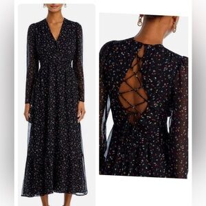 Aqua Black dark Floral lace‎ up back sheer chiffon Sleeves Midi Dress size Small